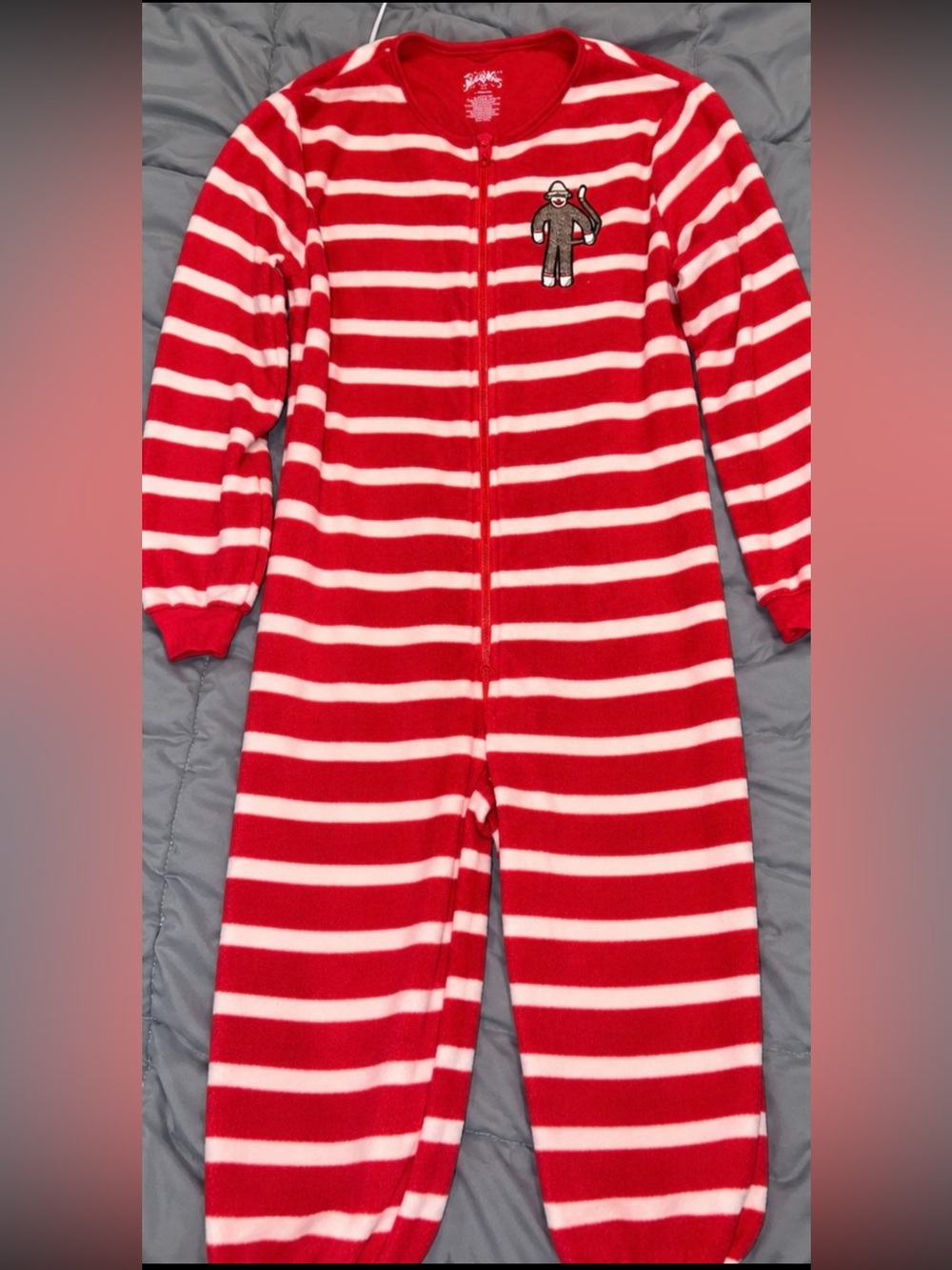Nick & Nora Red and White Striped Sock Monkey Plush Pajamas Onesie